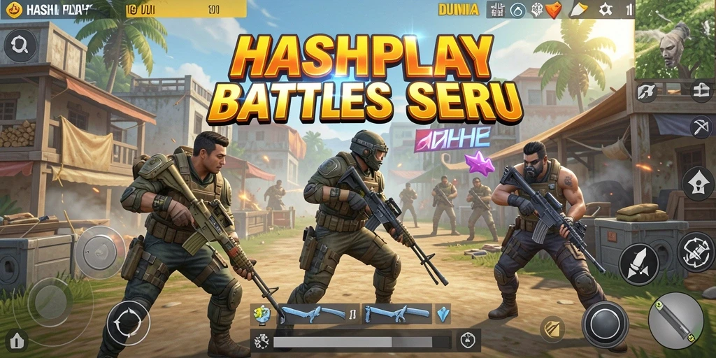 Screenshot utama HASHPLAY menampilkan aksi seru dalam gameplay Battle Royale.