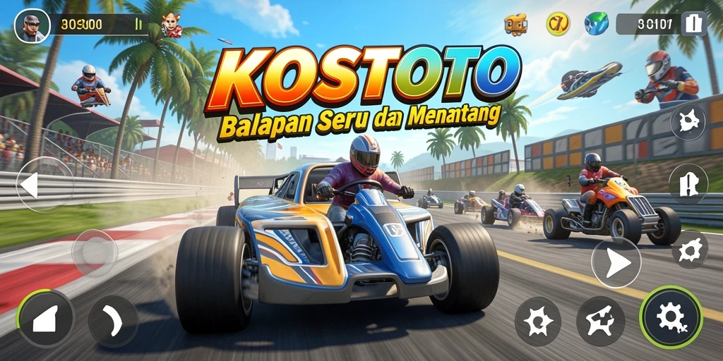 Tampilan gameplay KOSTOTO dengan mobil balap yang melaju cepat di trek menantang.