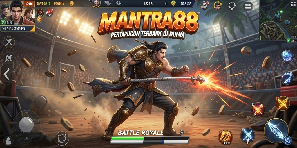 Tangkapan layar menampilkan pertempuran seru dalam MANTRA88 di dunia Battle Royale.