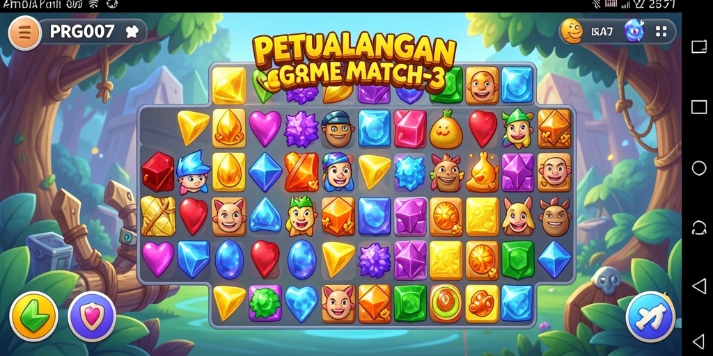 Screenshot menunjukkan gameplay seru di PRG007 dengan berbagai permata berwarna.